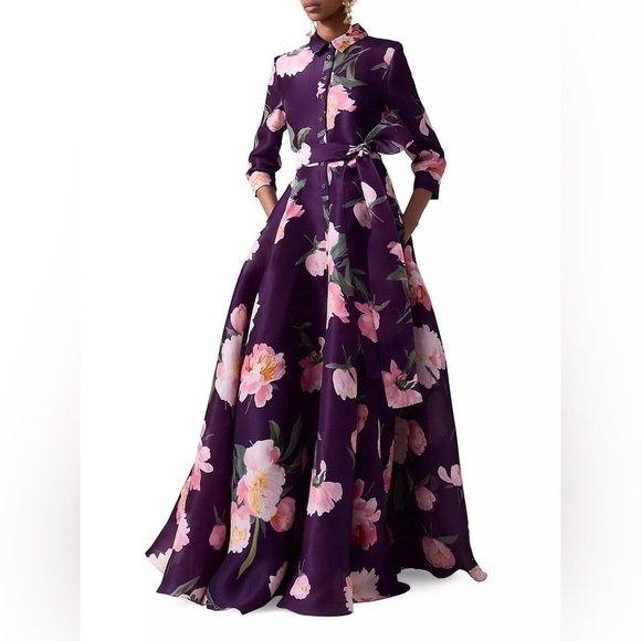 CAROLINA HERRERA Trench Gown in Fig Multi Purple Floral Belted Dress Size 8 NWT - Picture 2 of 13
